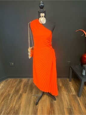 One-Shoulder Orange Pleated Midi Dress